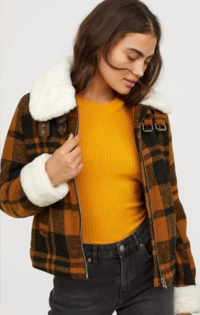 H&M Camel Plaid Sherpa Collar Bomber Jacket Size M